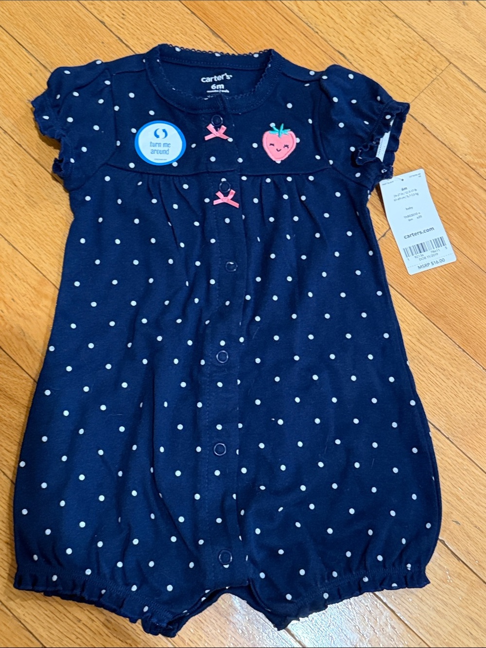 Carter's Navy Polka Dot Baby One-Piece with Pink Strawberry Accent